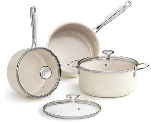 Redchef Keramiskt kastrullset, kastrullset induktion 6 delar med glaslock, kastruller 24 cm, gryta 18 cm, 20 cm för alla typer av spisar och ugnssäker, lämplig för induktion (beige)