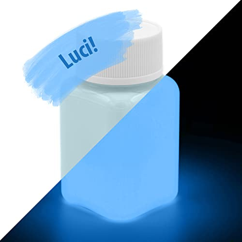 lumentics Premium Pintura luminosa 100ml - Pintura luminosa en la oscuridad, Pintura brillante de posluminiscencia, Pintura auto-luminiscente para paredes, Pintura brillante UV, Brillo (azul, 100ml)