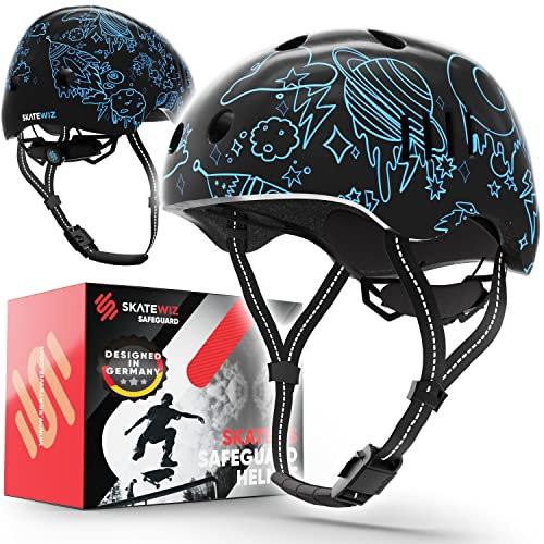 SKATEWIZ Kinder Fahrradhelm Mädchen - Fahrradhelm Kinder Jungen, Fahrradhelm Kinder - Skaterhelm Kinder, Fahrrad Helm Kind, Kinderhelm - Helm Kinder, Helm Fahrrad - Größe S Schwarz-Blau Weltraum