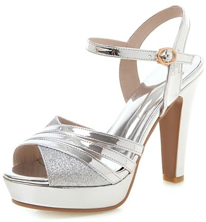 Lroey Reoly Sandali con Tacco Alto Donna, Sandali Punta Aperta Eleganti Tacco a Blocco Scarpe da Festa con Plateau Fibbia con Cinturino Alla Caviglia 071 Argento Numero 33 EU