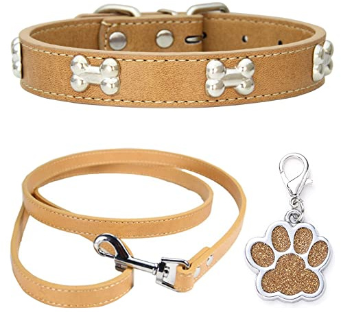 Collar Perro Cuero Correa de Perro Combo Set Collares de Perro Collar Cachorro Ajustable para Perros Medianos Pequeños Gatos Caqui M