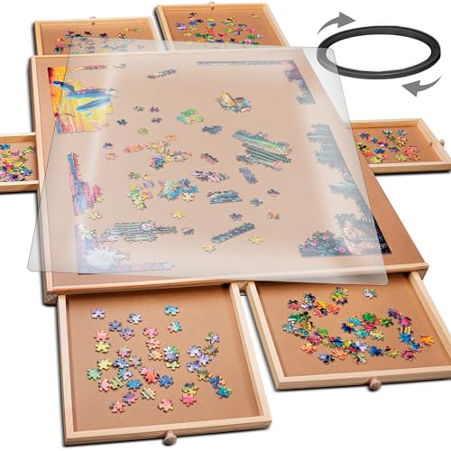 PLAYVIBE Rotating Puzzle Board - 1500 Pieces, 26 x 35 in - 6-Drawer Storage System & Puzzle Table with Drawers - 360-Degree Lazy Susan Rotation for Jigsaws, Family Games