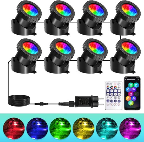 T-SUNUS Teichbeleuchtung LED Unterwasser, 8 in 1 Unterwasser Strahler RGB mit Bluetooth APP Fernbedienung Unterwasserbeleuchtung Teich RGB IP68 Wasserdicht Poolbeleuchtung für Garten Patio