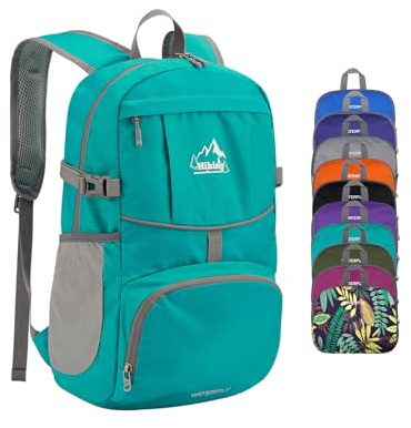 WATERFLY Hiking Packable Daypack Backpack: 25L Ultra Lightweight Day Pack for Women Men - Small Compact Folding Back Pack for Outdoor Sport Cycling Camping Travel Trip - Turquoise