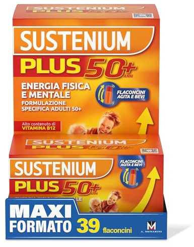 Sustenium Plus 50+ Integratore Alimentare Energizzante con Vitamina B12 ad Alto Contenuto, Formula per Adulti 50+ in Pratici Flaconcini. Energia in un Sorso, confezione da 39 Flaconcini da 20 ml