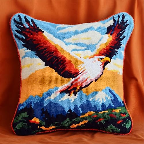 WallustrioaW paisaje forestal Kits de gancho de pestillo DIY cojín,Un águila calva volando,Kits de alfombras autoanudables almohadas,Cojines de Ganchillo,43x43cm