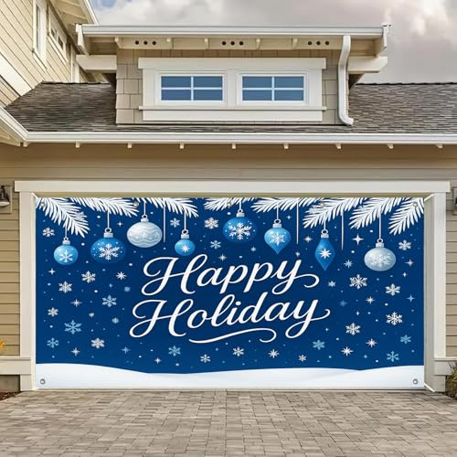 HOMETITUTE Bannière de porte de garage Happy Holiday - 4 x 1,8 m - Flocons de neige - Toile de fond bleue - Décoration de Noël - Bannières pour porte de garage extérieur - Pour décoration de fête et
