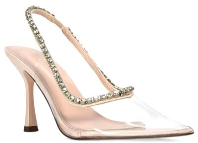 Women's Clear Jewel Court Shoes Ladies Nude Patent Perspex Diamante Point Toe Slingback Party Evening High Heel Size 4