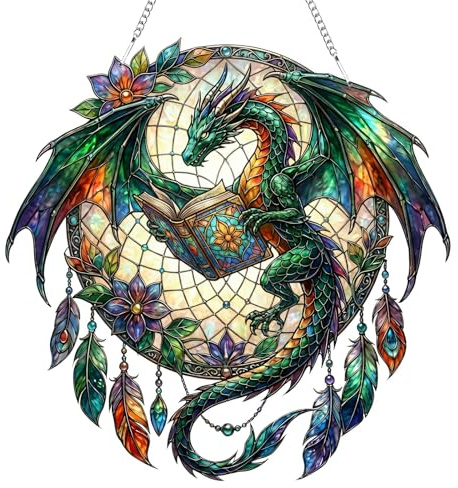 Book Dragon Suncatchers for Windows Hanging, Fourth Merch Wing Sun Catcher, Stained Glass Window Hanging Ornament, Acrylic Sun Catchers Indoor Window for Garden, Home, Indoor, Outdoor Decor