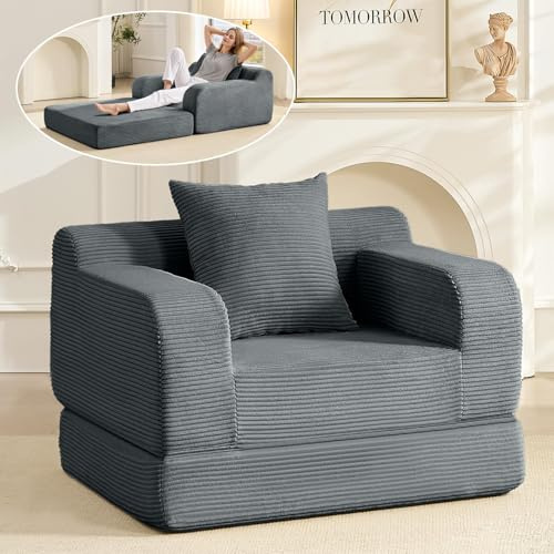 Wumagin Schlafsofa Faltbar mit Bettfunktion, 1-Sitzer Bodensofa aus Cord mit Kissen, Klappbares Schlafcouch Klein für Wohnzimmer, Gästezimmer & Loft – Dunkelgrau