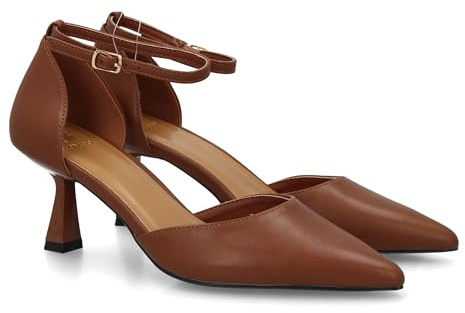 103972 Stiletto para Mujer con Tacon Fino. Cierre de Hebilla, Punta Fina. Ideal para Otono Invierno. Camel Talla 39