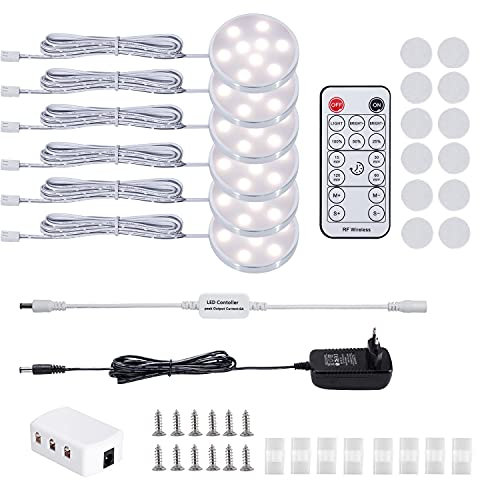 LABOREDUCER Illuminazione sotto l'armadio dimmerabile con spina, illuminazione per armadietto da 12V 6 pezzi con telecomando, luce notturna da cucina a LED per scaffale, espositore, scaffale (4000K)