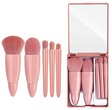 Easy-taken Travel Makeup Brush Set, COSHINE 5pcs Mini Complete Function Cosmetic Brushes Kit (5pcs with mirror)