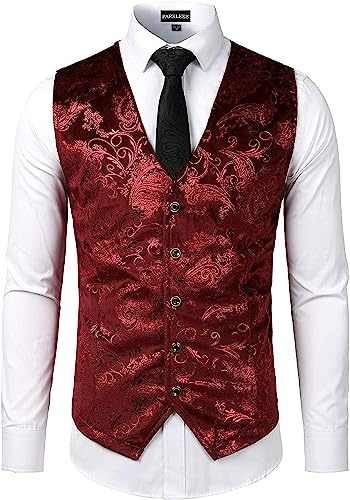 PARKLEES Mens Luxury Metallic Paisley Gold Printed Waistcoat Shiny Wedding Prom Party Vest for Suit or Tuxedo Burgundy M