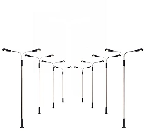 WANGCL 8PCS modelo ferroviario tren lámpara postes LED luz de calle lámparas de metal de doble cabeza iluminada luz de calle HO OO escala