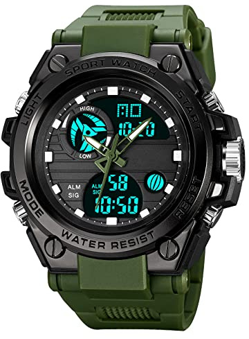 GBB Orologio digitale da uomo, sportivo, impermeabile, per attività all'aperto, con sveglia/timer, multifunzione, a LED, doppio display, orologio da polso da uomo, Verde militare, Cinturino