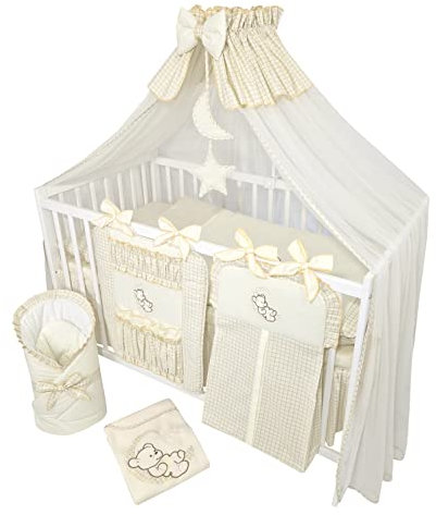 Bello24 - 16 Teiliges Babybett Kinderbett und Bettwäsche komplett Set Timmi inkl. Matratze höhenverstellbar für Neugeborene Babys und Kleinkinder aus Massivholz (Teddybär Mond Hellbeige)