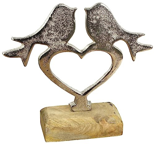 MACOSA EX241119 Figura decorativa de corazón con pájaros sobre base de madera, 19 cm, corazón de metal, figura decorativa para alféizar de ventana, decoración del hogar, corazón decorativo