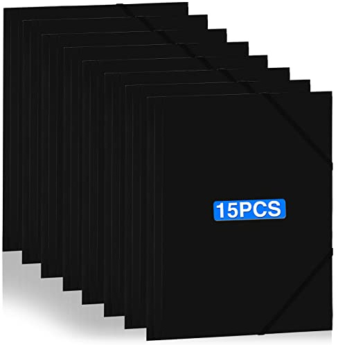 15 Stück Sammelmappe PP-Kunststoff Eckspanner A4 Schwarz Mappe PP DIN A4 mit 2 Gummizügen Dokumentenmappe ideal für Akten, Dokumente, Besprechungen, Berichte, Bürobedarf Mappe mit Taschen A4