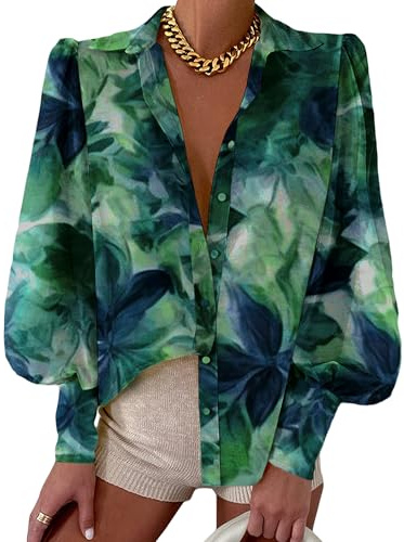 BTFBM Summer Blouses for Women Dressy Casual 2026 Long Sleeve Button Down Shirt V Neck Boho Spring Tops Fashion Clothing(Print Green, Large)