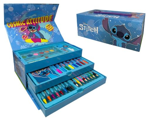 Valigetta con colori per bambini Stitch e Angel Disney set 52 pezzi di colori e cancelleria scatola con cassetti kit disegno e pittura