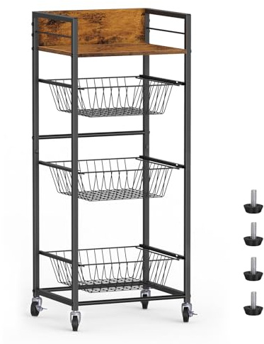 Shinoske 4-Tier Fruit Basket for Kitchen Rolling Storage Cart on Wheels with Pull-Out Baskets and Wooden Top for Living Room,Bathroom,Pantry,Corner,Rustic Brown