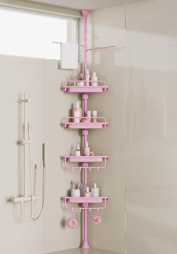 XLHOMO Organizador de Ducha de Esquina de 32 a 122 Pulgadas, Color Rosa, estantes de Ducha inoxidables sin taladros para baño, bañera, Lavabo, Organizador de Ducha Ajustable con estantes estables de