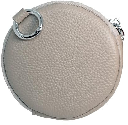 BAWAKO Kleingeldbörse rund aus Leder - Schlüsseltasche Münzbörse für Karte Kleingeld und Kleine Dinge, Münzbeutel mit Karabiner, Coin Purse Geldbeutel Kleingeldportemonnaie (Weiß)