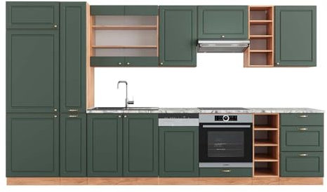 Vicco Küchenzeile Fame-Line, Grün-Gold Landhaus/Goldkraft Eiche/Goldkraft Eiche, 355 cm, AP Marmor