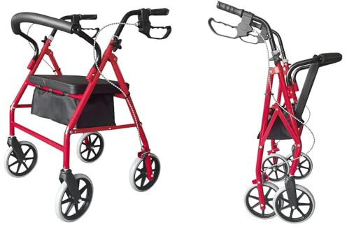Steel Walker with Wheels Black, Folding Four Wheel Rollator, Lightweight Folding Mobility Aids, with Seat & Carry Bag, Mobility Walker Rollator 4 Wheel, for Elderly Disabled (Red)