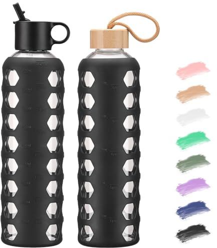 BLUEGO Botellas de agua de cristal, 900ml Vaso de cristal, Botellas de bebida con 2 tapas, Botella de agua de motivación con marcador de tiempo y funda de silicona, Impermeable, Negro