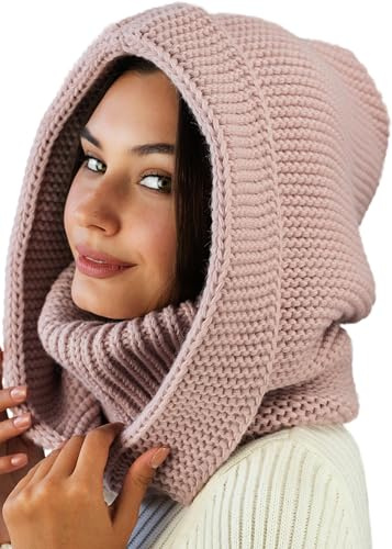 Pink Knit Hooded Scarf for Women - Wool Balaclava Detachable Hood with Neck Gaiter - Hat Scarf Combo