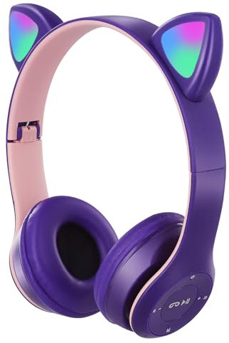 QCXWCJWD Auriculares Bluetooth para NiñOs con MicróFono, Auriculares Bluetooth Niña, Auriculares InaláMbricos con Oreja de Gato, Auriculares Plegables para Niños para la Escuela, Viajes (Púrpura)