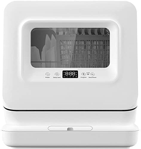 DRIXNO Geschirrspüler Tragbar 45.4x41.3x49.1cm, 5,7L Wasserverbrauch, 5 Programme, Digitalanzeige, Wasserenthärter, 360° Sprüharme, 2 Wasserzufuhrmethoden, Wohnungen Wohnheime Wohnmobile