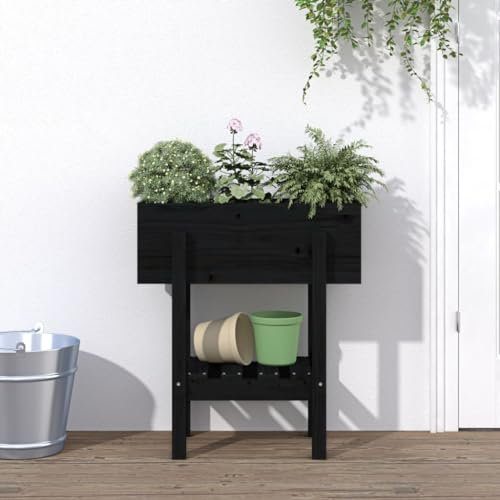 OHOOWOO Fioriera da Giardino Nera 62x30x69 cm Legno Massello di Pino,Cassetta in Legno Massiccio di Pino per Fiori e Piante da Giardino e Balcone Vasi e accessori per piante