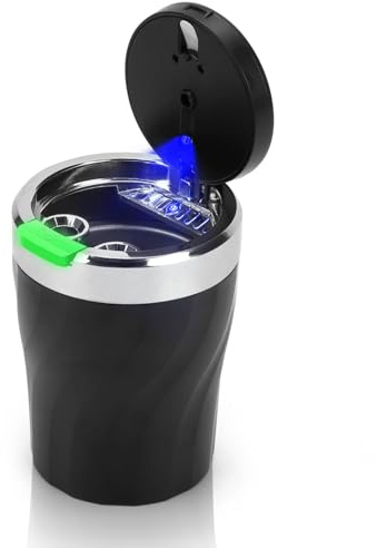 Cendrier Voiture, Cendrier portable sans fumée en acier inoxydable avec couvercle et lumière LED pour voitures Vans Camping en plein air, Noir