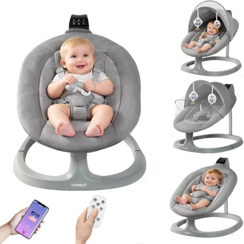YUMBOT Hamaca de Bebé Eléctrica,Mecedora para Niños con 5 Puntos, Hamaca bebé, con Mando a Distancia y Blueteeth para conectar al Smartphone,Silla Mecedora para 0-12kg de Bebé,Gris Claro