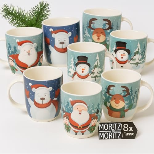 Moritz & Moritz Weihnachtstassen Set 8er Pack aus Porzellan, 350 ml - Festliche Weihnachtsbecher mit süßen Motiven - Spülmaschinen- & Mikrowellengeeignet - Tassen für Kaffee, Tee, Kakao etc.