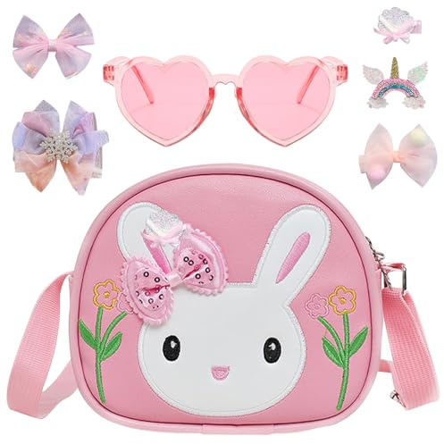 HTTDSLF Sac à Main Fille, Sac Petite Fille, Sacs à Bandoulière pour Tout-Petits Filles avec Bretelles Réglables, Sacs a Main Petite Filles avec Lunettes de Soleil & Épingles à Cheveux (Rose)