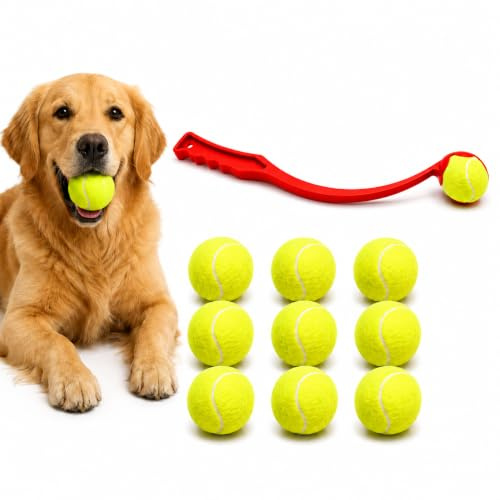 Pack of 1 Dog Ball Launcher with 9 Tennis Balls, 35 cm Interactive Fetch Thrower for Outdoor Training, Compatible with Chuckit!-Style Dog Toys Red