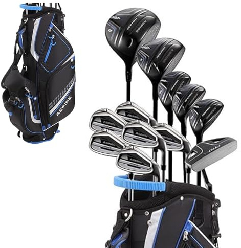 Aspire PRO-X Men’s 19-Piece Golf Set – Titanium Driver, Wood, 3-5 Hybrids, 6-SW Irons, Putter, Stand Bag, 5 Headcovers and Cover – RH - Tall Size +1