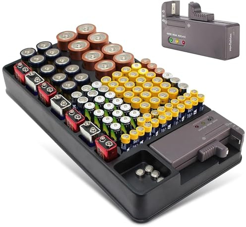 Batterilagringsbox med testare - kapacitet 98 AA-, AAA-, 9V-, C-, D- och knappcellsbatterier - batteriorganisator - hängande i vägg eller låda - med inbyggd batteritestare - 35 x 17 cm - svart