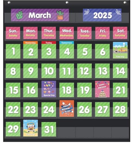 EAMAY Classroom Monthly Calendar Pocket Chart with 71 Cards for Kids Learning for Home,Homeschool Supplies and Classroom Must Haves!(Black)