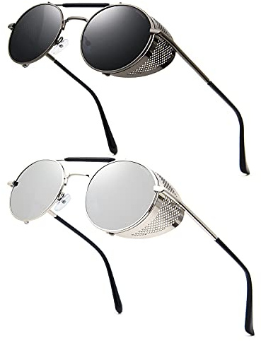 RONSOU Steampunk Estilo Redondas Vintage Polarizadas Gafas de Sol Retro UV400 Protección Metal Marco Gris Lente Plateado