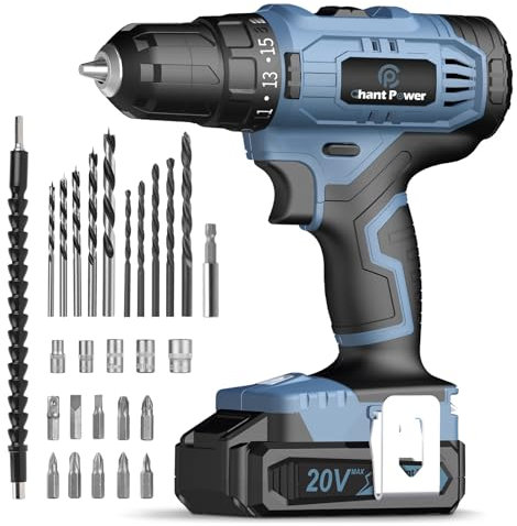 C P CHANTPOWER Cordless Drill Set, 20V Power Electric Drill/Driver with Lithium-ion Battery and Charger, 16+1 Torque Setting, 2 Variable Speed, 10mm Keyless Chuck, Built-in LED