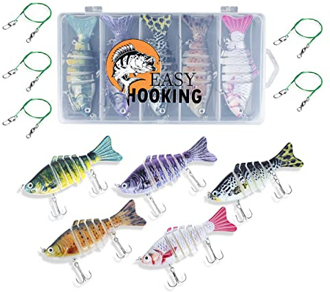 EasyHooking Lucio lucioperca Wobbler Set 11 TLG - Juego de cebo con articulación para carreras realistas, 5 señuelos artificiales de 10 cm/15 g + 5 compartimentos de acero + 1 caja de almacenamiento