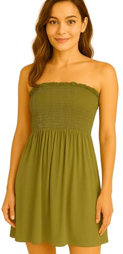 STAR FASHION Women’s Strapless Sheering Ruched Bandeau Dress Plain Boob Tube Sleeveless Midi Dress Summer Holiday Beach Flared Dress Soft Stretch Khaki 8-10