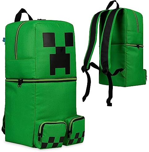Minecraft Children’s Backpacks for Boys Creeper Rucksack School Bag with Zipped Pockets Adjustable Straps Kids Backpack Travel Sports Gamer Gifts for Boys (Green 3D, 46x21x18.5cm)