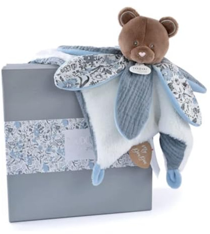 Doudou et Compagnie - Doudou Ours Bleu avec Pétales - Collection BOH'AIME - Boite Cadeau - 27 Cm - Idée Cadeau de Naissance Fille et Garçon - Garantie Doudou Perdu - DC4023