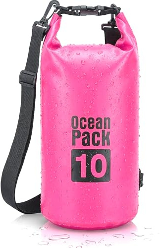 Dry Bag, Borsa Sacca Zaino Impermeabile Waterproof, chiusura a rotolo e tracolla, custodia impermeabile per cellulare e marsupio per Mare Barca Pesca Rafting Spiaggia Sport Acquatici (Pink, 10l)
